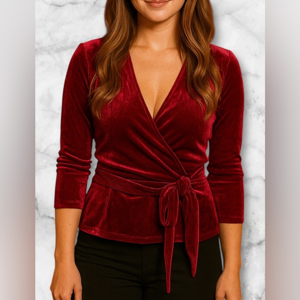 NWT Express Tie Front Velour Wrap Top Burgundy V Neck Size S